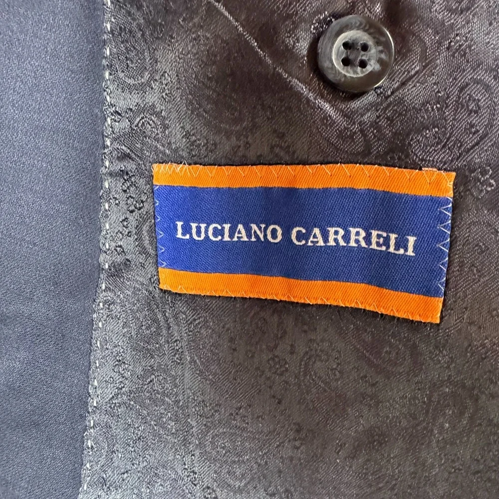 Luciano Carreli Suit Men 38R Navy Blue Super 150s Wool Double Breasted Pleated